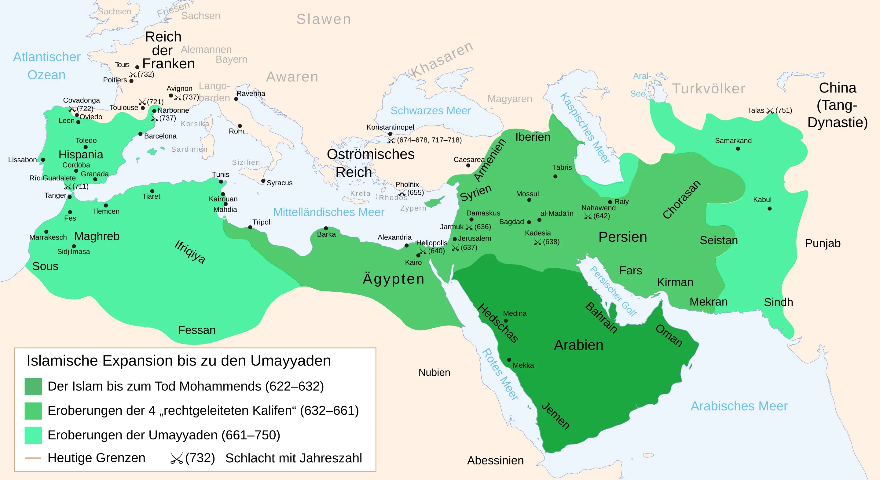 Karte der Ausbreitung des Islam bis zum Jahr 750